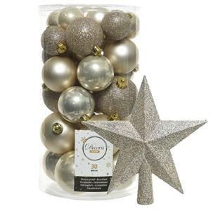 Decoris kerstballen 30x stuks - licht champagne 4/5/6 cm kunststof mat/glans/glitter mix en piek -