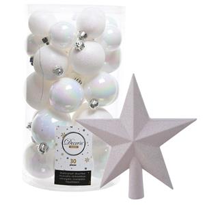 Decoris kerstballen 30x stuks - parelmoer wit 4/5/6 cm kunststof mat/glans/glitter mix en piek -