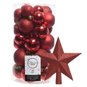 Decoris kerstballen 30x stuks - rood 4/5/6 cm kunststof mat/glans/glitter mix en piek -