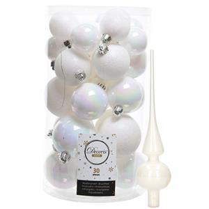 Decoris kerstballen 30x stuks - parelmoer wit 4/5/6 cm kunststof mat/glans/glitter mix en piek -