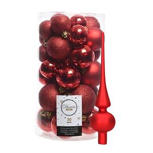 Decoris kerstballen 30x stuks - rood 4/5/6 cm kunststof mat/glans/glitter mix en piek -