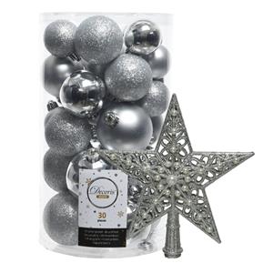 Decoris kerstballen 30x stuks - zilver 4/5/6 cm kunststof mat/glans/glitter mix en piek -