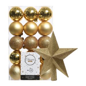 Decoris 30x stuks kunststof kerstballen 6 cm inclusief ster piek goud -