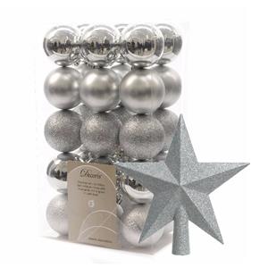 Decoris 30x stuks kunststof kerstballen 6 cm inclusief ster piek zilver -