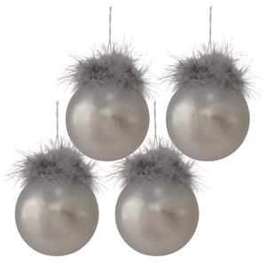 Clayre & Eef Kerstballen Set Van 4 Ø 8 Cm Zilverkleurig Wit Glas Kerstboomversiering Kerstversiering Kerstdecoratie