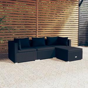 VidaXL 4-delige Loungeset Met Kussens Poly Rattan Zwart