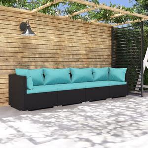 VidaXL 4-delige Loungeset Met Kussens Poly Rattan Zwart