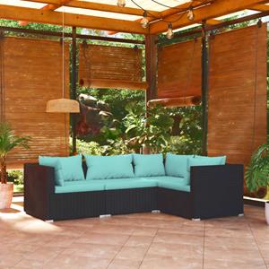 VidaXL 4-delige Loungeset Met Kussens Poly Rattan Zwart