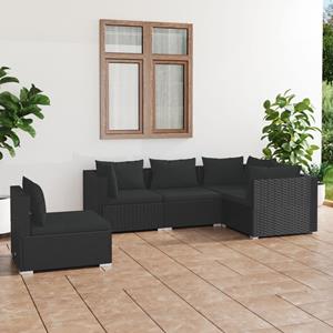 VidaXL 5-delige Loungeset Met Kussens Poly Rattan Zwart