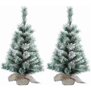 Bellatio 2x Stuks mini kerstboom met sneeuw 75 cm in jute zak - Mini kerstbomen