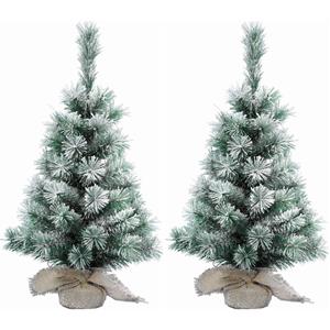 Bellatio 2x Stuks mini kerstboom met sneeuw 75 cm in jute zak - Mini kerstbomen
