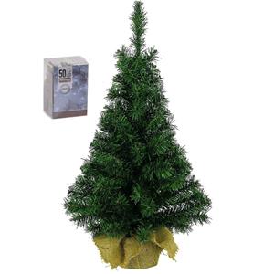 Bellatio Volle kunst kerstboom 75 cm in jute zak inclusief 50 helder witte lampjes - Mini kerstbomen met verlichting
