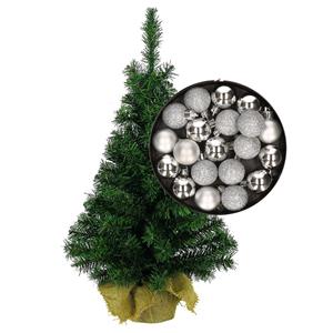 Bellatio Mini kerstboom/kunst kerstboom H45 cm inclusief kerstballen zilver - Kerstversiering