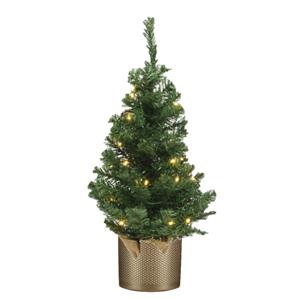 Bellatio Kunst kerstboom/kunstboom 75 cm met verlichting inclusief gouden pot - Kunstboompjes/kerstboompjes