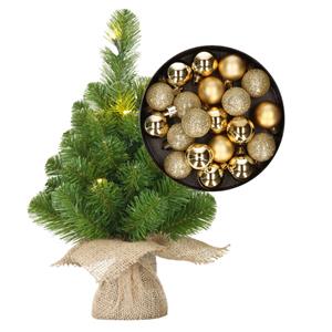Bellatio Mini kerstboom/kunstboom met verlichting 45 cm en inclusief kerstballen goud - Kerstversiering
