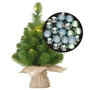 Bellatio Mini kerstboom/kunstboom met verlichting 45 cm en inclusief kerstballen mintgroen - Kerstversiering