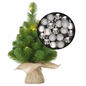 Bellatio Mini kerstboom/kunstboom met verlichting 45 cm en inclusief kerstballen zilver - Kerstversiering