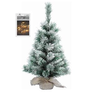 Bellatio Mini kerstboom met sneeuw 35 cm in jute zak inclusief 20 warm witte lampjes - Mini kerstbomen met verlichting