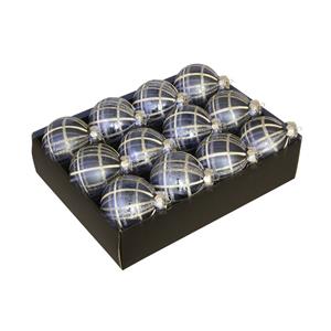 Othmar decorations 12x Stuks Luxe Glazen Gedecoreerde Kerstballen Donkerblauw Schotse Ruit 7,5 Cm - Kerstbal