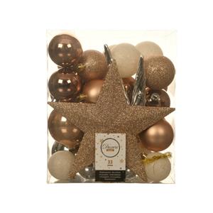 Decoris Set Van 33x Stuks Kunststof Kerstballen Met Ster Piek Bruin/wit/zilver Mix - Kerstbal