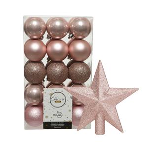 Decoris 30x stuks kunststof kerstballen 6 cm inclusief ster piek lichtroze -