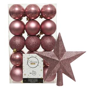 Decoris 30x stuks kunststof kerstballen 6 cm inclusief ster piek oudroze -