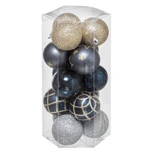 15x Stuks Kerstballen Mix Goud/blauw/zilver Gedecoreerd Kunststof 5 Cm - Kerstbal