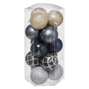 Atmosphera 15x Stuks Kerstballen Mix Goud/blauw/zilver Gedecoreerd Kunststof 5 Cm - Kerstbal