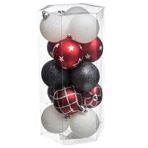 15x Stuks Kerstballen Mix Wit/rood/zwart Gedecoreerd Kunststof 5 Cm - Kerstbal