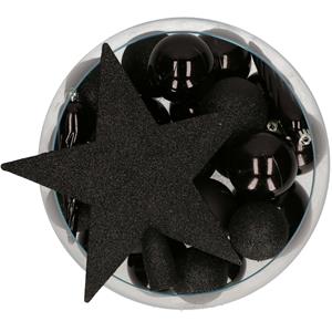 Bellatio set 33x stuks kunststof kerstballen met ster piek zwart -