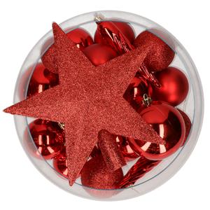 Decoris pakket 33x stuks kunststof kerstballen met ster piek rood -