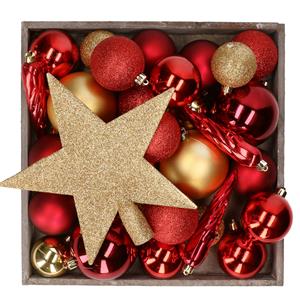 Bellatio set 33x stuks kunststof kerstballen en ster piek rood/goud -