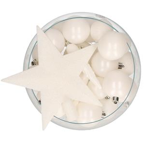 Bellatio set 33x stuks kunststof kerstballen met ster piek wit -