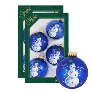 Krebs 8x stuks luxe glazen kerstballen 7 cm blauw met sneeuwpop -