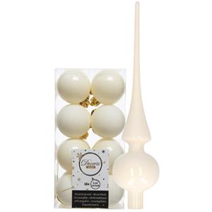 Decoris Set van 16x stuks kunststof kerstballen 4 cm en glazen piek wol wit -