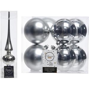 Decoris Kerstboom versiering zilver piek en 8x kerstballen 10 cm -