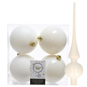 Decoris Set van 8x stuks kunststof kerstballen 10 cm en glazen piek wol wit -