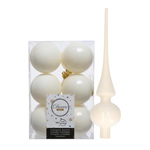 Decoris Set van 12x stuks kunststof kerstballen 6 cm en glazen piek wol wit -