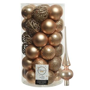 Decoris 37x stuks kunststof kerstballen 6 cm incl. glazen piek toffee bruin -