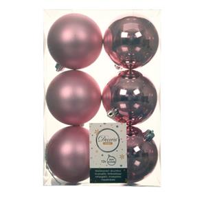 Decoris 12x stuks kunststof kerstballen lippenstift roze 8 cm glans/mat -
