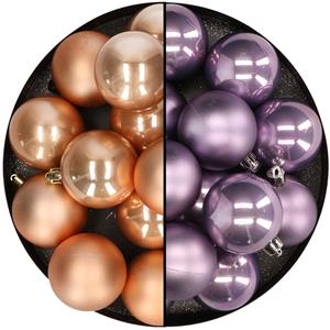 Kunststof kerstballen 6 cm - 24 stuks - butterscotch en lila - glans/mat -