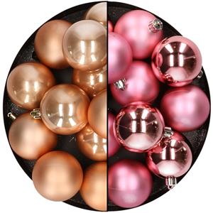 Kunststof kerstballen 6 cm - 24 stuks - butterscotch en roze - glans/mat -