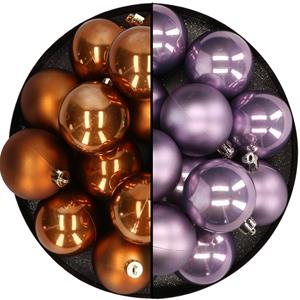 Kunststof kerstballen 6 cm - 24 stuks - cinnamon bruin en lila - glans/mat -
