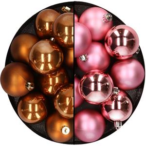 Kunststof kerstballen 6 cm - 24 stuks - cinnamon bruin en roze - glans/mat -