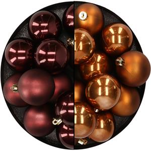 Kunststof kerstballen 6 cm - 24 stuks - redwood en cinnamon bruin - glans/mat -