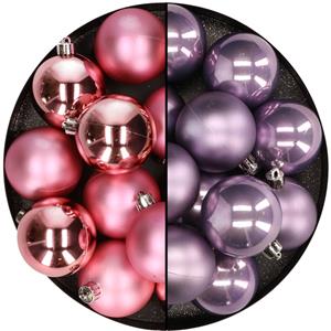 Kunststof kerstballen 6 cm - 24 stuks - roze en lila - glans/mat -