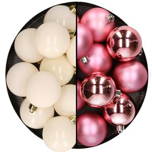 Kunststof kerstballen 6 cm - 24 stuks - wol wit en roze - glans/mat -