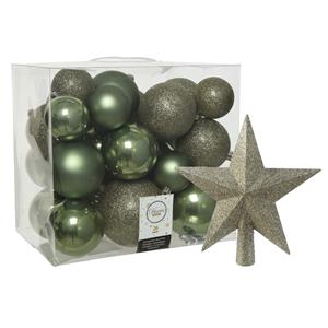 Decoris Kerstballen set 26x stuks kerstballen en ster piek mosgroen kunststof -