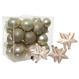 Decoris Pakket 32x stuks kunststof kerstballen en sterren ornamenten champagne -