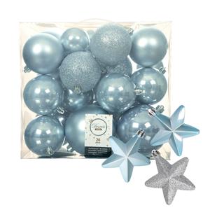 Decoris Pakket 32x stuks kunststof kerstballen en sterren ornamenten lichtblauw -